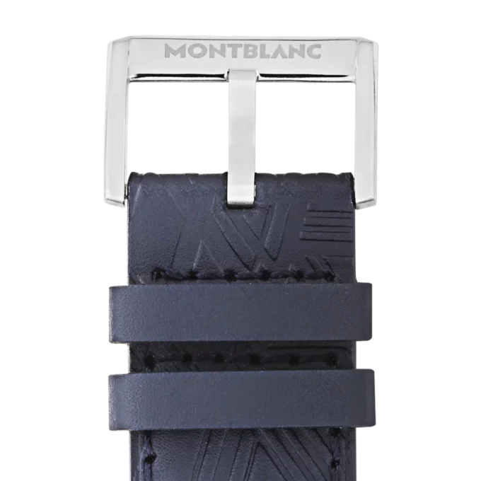 Blauer Kalbslederriemen mit grauer Dornschließe Blauer Kalbslederriemen mit grauer Dornschließe