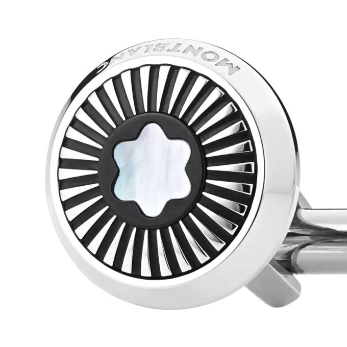 Manschettenknöpfe, rund, aus Edelstahl mit Strahlenmuster und Emblem aus Perlmutt mit Schneekappe