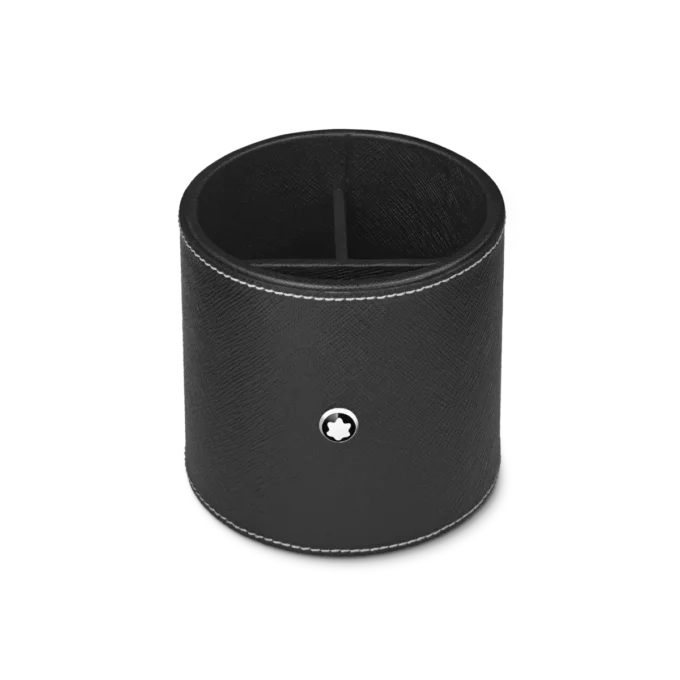 Runder Stifthalter aus schwarzem Leder